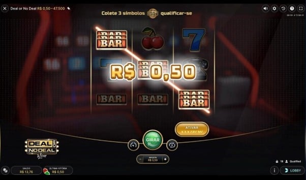 Tela de vit&oacute;ria no slot Deal or No Deal com pr&ecirc;mio. 